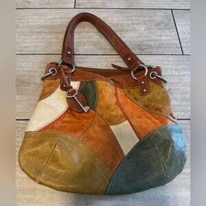 PATCH FOSSIL SHOULDER HOBO BAG MULTICOLOR LEATHER FABRIC PATCH ZIPPED